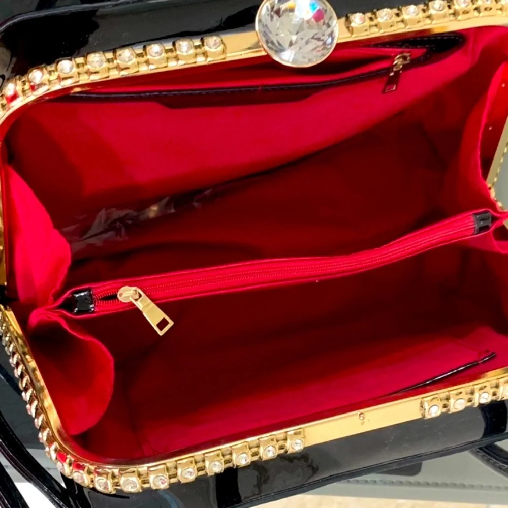 Floral & Giant Rhinestone Frame Satchel Hardshell Purse Crossbody Medium-Large - Picture 6 of 7